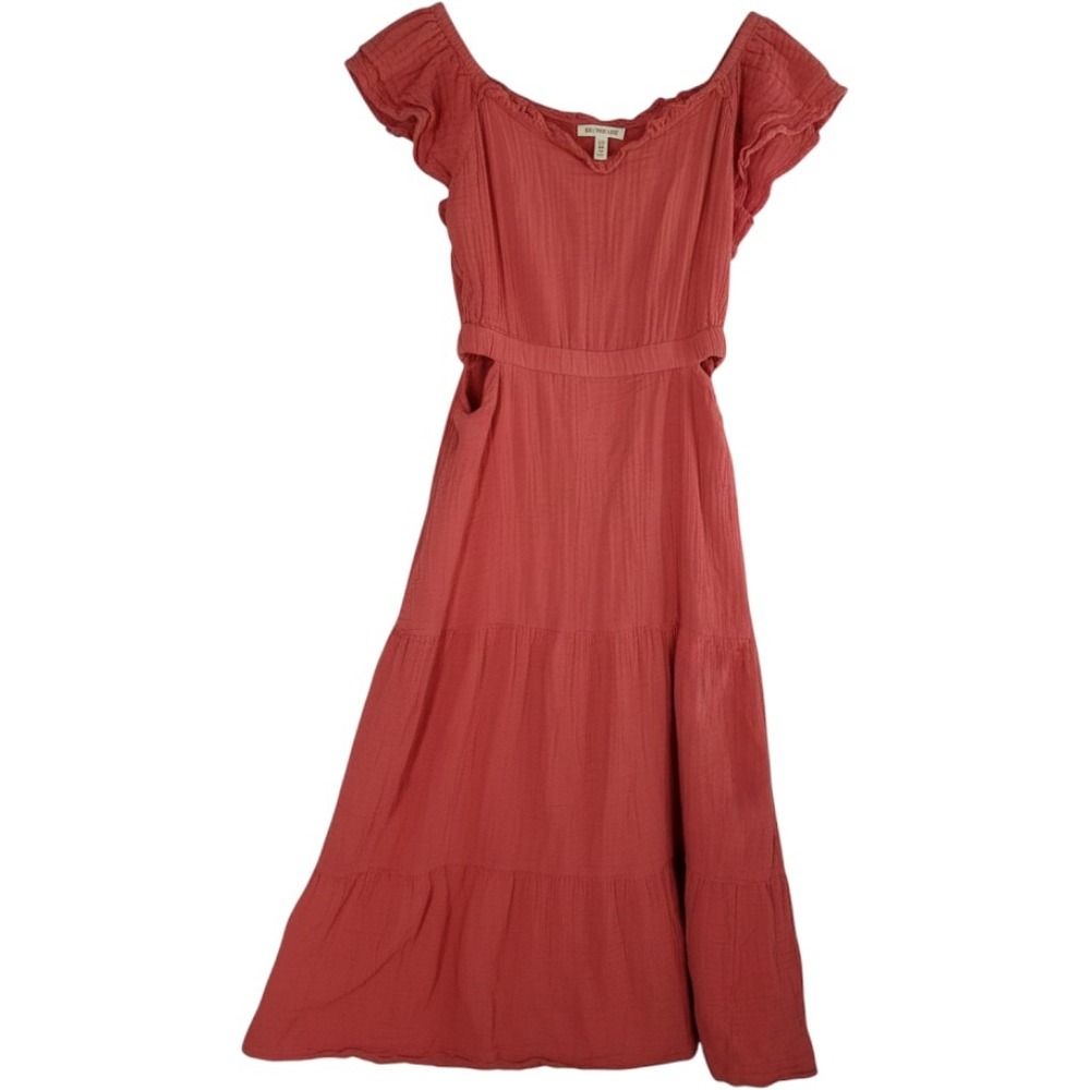 Beachlunchlounge Coral Pink Cotton Gauze Cut-Out Tiered Midi Dress L Vacation